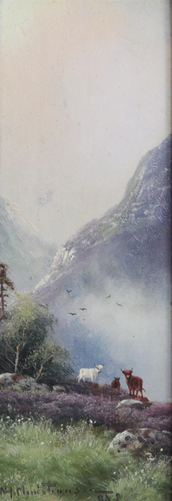 Nils H Christiansen (1850-1922) Highland landscapes with cattle and deer, 12 x 4.25in.